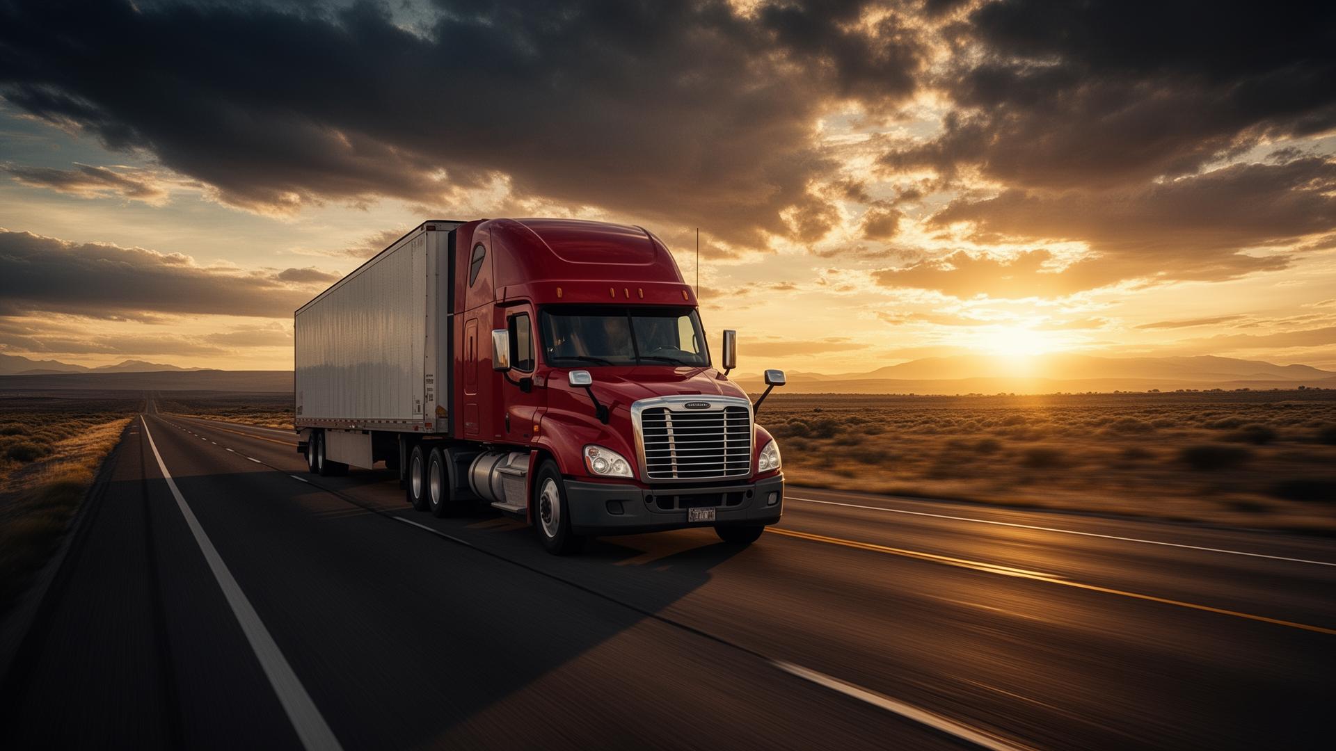 Semi-truck on highway at sunset
